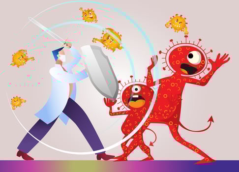 Vector illustration fight covid-19 corona virus. cure corona virus. People  fight virus concept