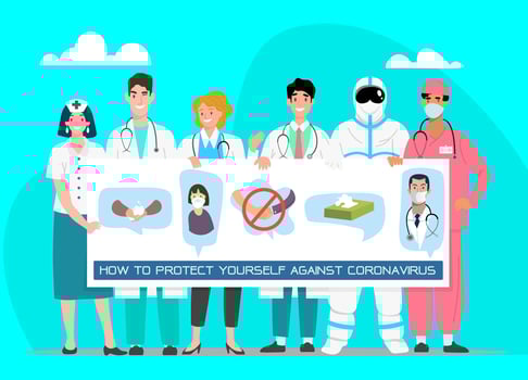 Vector illustration in flat style, team of happy medical holding board, Doctor explain Infographics, wear face mask, wash hand, suggesting the covid-19 virus prevention.