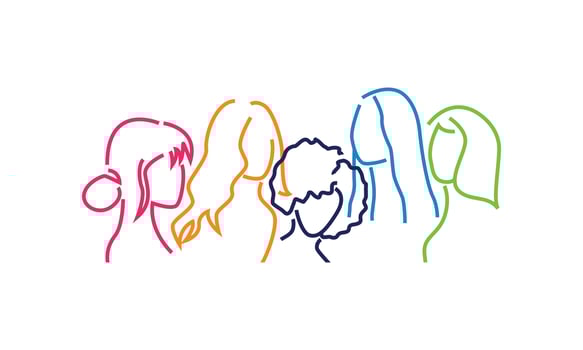 Line Concept of Five Women of different ethnicities side by side together. Feminist movement.  Vector illustration on white background