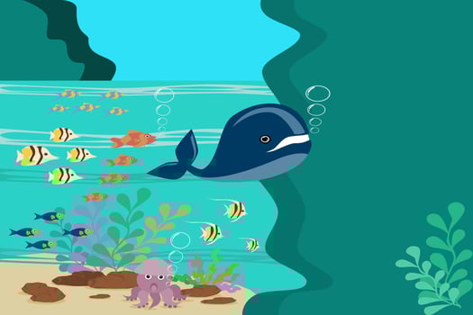 Illustration of marine life under the sea, squid, and fish that swim through coral vector