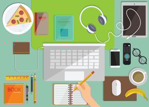 concept coronavirus COVID-19. The company allows employees to work from home to avoid viruses.Online education,distance learning,Workplace with monitor, books, notepad, pencil Top view vector