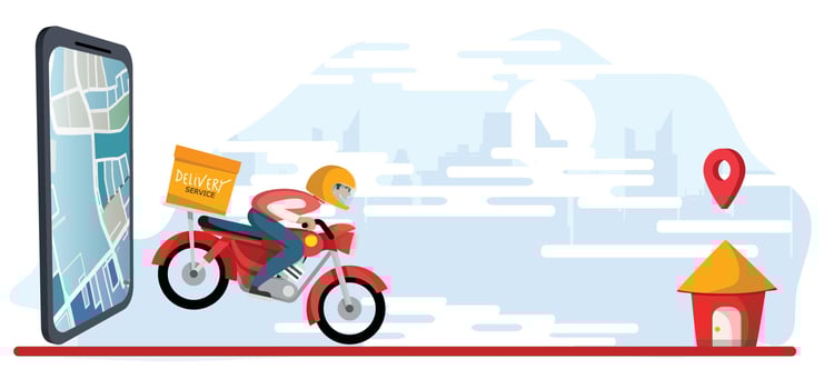 Food delivery app on a smartphone tracking a delivery man on a moped with a ready meal, technology and logistics concept, city skyline in the background vector