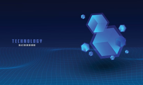 Vector realistic 3d cubes with blue glowing on dark blue wave background.