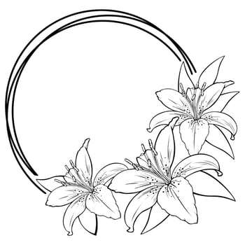 Round frame with a bouquet of lilies with white petals, vector illustration with an empty space for insertion, greeting card, postcard