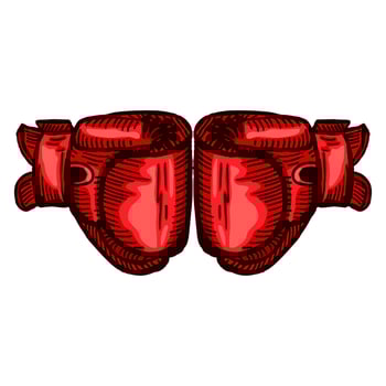 Red boxing gloves sketch in isolated white background. Vintage sporting equipment for kickboxing in engraved style. vector