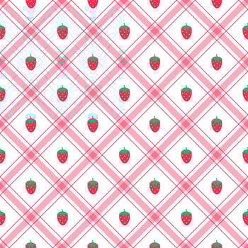 Cute Strawberry Red Fruit Element Red Green Diagonal Stripe Striped Line Tilt Checkered Plaid Tartan Buffalo Scott Gingham Pattern Flat Cartoon Vector Seamless Pattern Print Background Fashion Fabric
