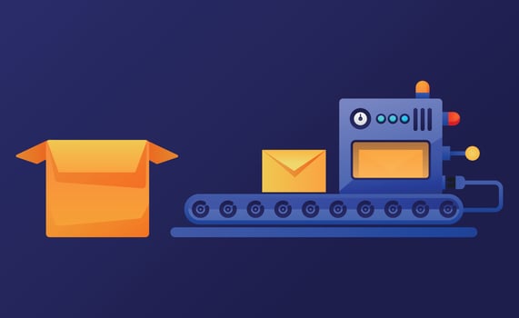 Conveyor machine working. Modern mechanical equipment for manufacturing, factories and industry, post office. Design elements for website. Mail packaging. Vector illustration