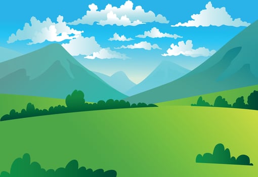 Landscape green grass hill field mountain land. Meadows with mountains. Blue sky wild nature. Summer vector land