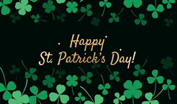 Happy St. Patrick's day celebration greeting banner card vector illustration template. On dark background with green clover leaves