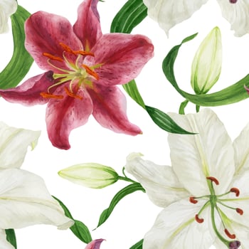 Tropical white and pink lilies traced watercolor seamless pattern vector