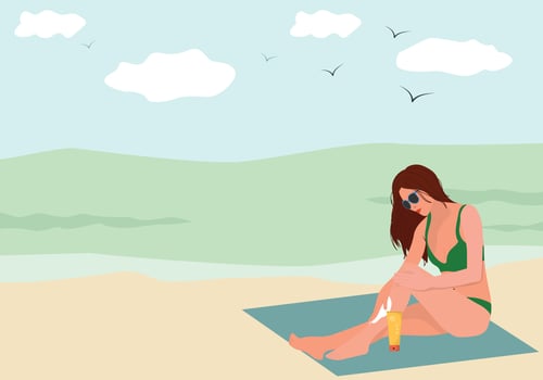 woman applying sun cream on the beach vector