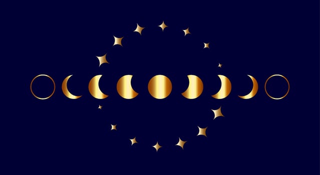 Moon Phases gold border frame, wicca banner sign. Triple moon pagan Wiccan goddess symbol, Sacred geometry, wheel of the year and golden stars, vector isolated on blue background