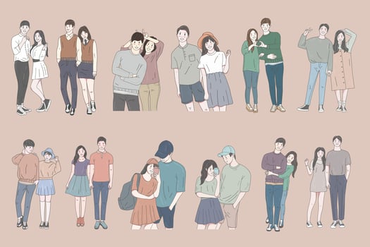 Set Collection Bundle Cute Couple Happy Love Together Boyfriend and Girlfriend Women Men Girl Pastel Color Fashion Clipart Doodle Line Art illustration vector