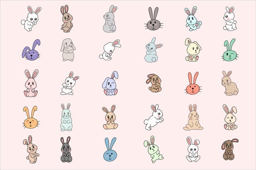 Set Mega Collection Bundle Cute Rabbit Bunny little Kids Baby Animal Cartoon Clipart doodle illustration for kids and children vector