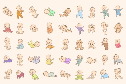 Set Mega Collection Bundle Cute Baby Babies Boy Cartoon Doodle for Kids Children Flat illustration vector