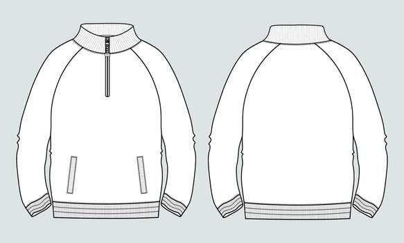 Long sleeve jacket with pocket and zipper technical fashion flat sketch vector illustration template front and back views. Fleece jersey sweatshirt jacket for men's and boys.