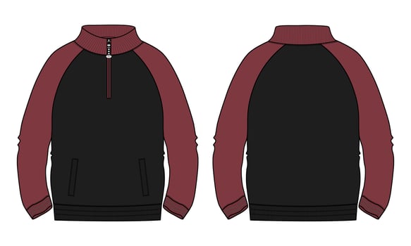 Two tone Red and Black Color Long sleeve jacket with pocket and zipper technical fashion flat sketch vector illustration template front, back views. Fleece jersey sweatshirt jacket for men's and boys