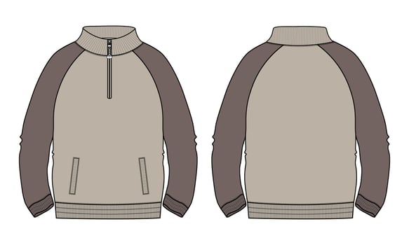 Two tone Khaki Color Long sleeve jacket with pocket and zipper technical fashion flat sketch vector illustration template. Fleece jersey sweatshirt jacket for men's and boys