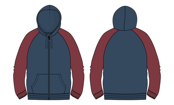 Two tone Red navy blue color Long sleeve Hoodie technical fashion flat sketch vector illustration template front and back views.