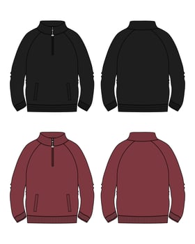 Long sleeve jacket with pocket and zipper technical fashion flat sketch vector illustration Black and red Color template front and back views. Fleece jersey sweatshirt jacket for men's and boys.