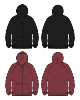 Long sleeve Hoodie technical fashion flat sketch vector illustration Black and red Color template front and back views.