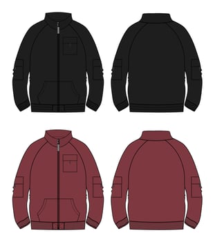 Long sleeve jacket  technical fashion flat sketch vector illustration Red and Black color template Front and back views.