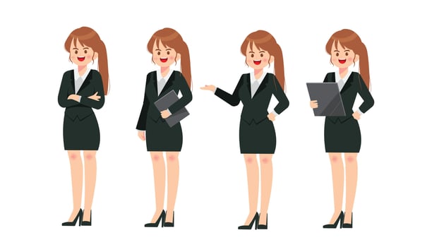 Business woman professional character set standing presenting cartoon art illustration vector