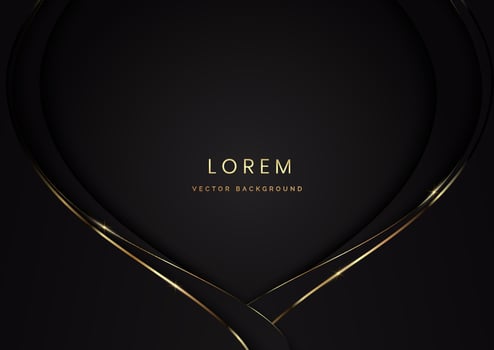 Abstract 3d luxury paper cut style black curved shape on black background with line golden lighting effect. vector