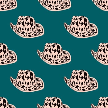 Cartoon Cowgirl hat with cow print .Horse Ranch. Cowboy hat repeating background. Wild West fashion style. Cowboy western theme, wild west concept. Hand drawn trendy seamless pattern. vector