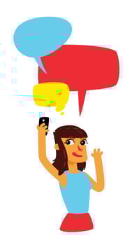 A girl with comic bubbles does selfie. Vector. The girl is chatting. Illustration in the cartoon style. The illustration is isolated on a white background. Mascot. Character for the poster and site. vector