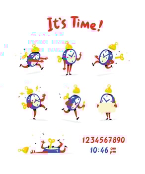 Cartoon characters of the alarm clock. Vector. A set of emotions and alarm clocks. The life of the clock. Illustrations isolated on white background. Icons for logo, print and website. vector
