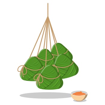 Zongzi tied hanging and sauce isolated on white background. vector