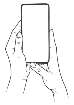 Female hands holding mobile phone, vector line art illustration