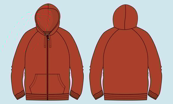 Long sleeve Hoodie technical fashion flat sketch vector illustration Red Color template front and back views.