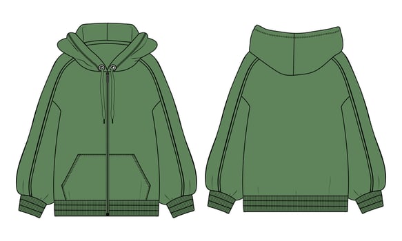 Long sleeve Hoodie technical fashion flat sketch vector illustration Green Color template front and back views.