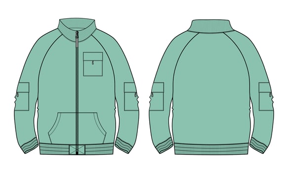 Long sleeve jacket  technical fashion flat sketch vector illustration Green color template Front and back views.