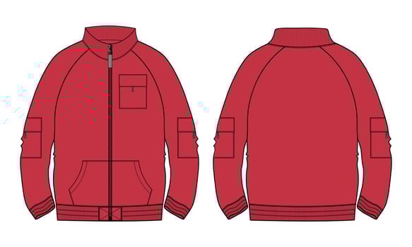 Long sleeve jacket  technical fashion flat sketch vector illustration Red Color template Front and back views.