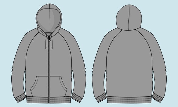 Long sleeve Hoodie technical fashion flat sketch vector illustration Grey Color template front and back views.