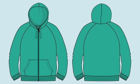 Long sleeve Hoodie technical fashion flat sketch vector illustration Green Color template front and back views.