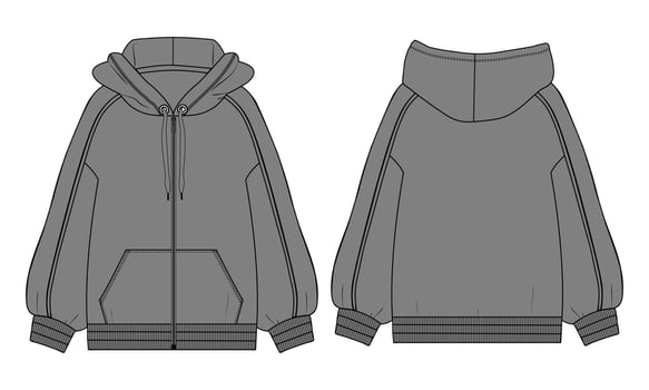 Long sleeve Hoodie technical fashion flat sketch vector illustration Grey Color template front and back views.