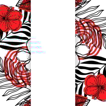 Holiday board decorated with tropical leaves and flowers, hand-drawn. Hibiscus. Black and red palette on white background. Sample poster, party invitation, holiday banner, postcard vector