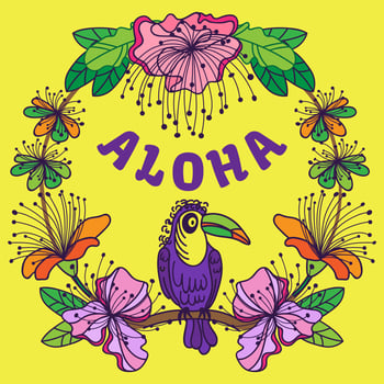 Round frame with toucan and tropical flowers and leaves. Vector illustrations. Tropical Hawaiian flyer with bird, exotic flowers and leaves on a green background.