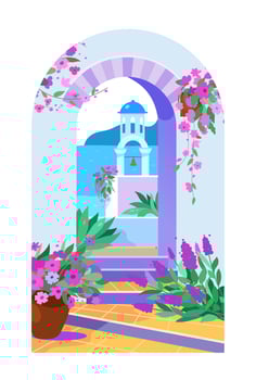 Santorini island, Greece. Beautiful traditional white architecture and Greek Orthodox churches with blue domes and flowers. Travel and recreation. Vector illustration