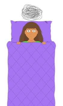 A woman in bed suffers from insomnia due to anxiety and anxious thoughts. Concept. Vector illustration