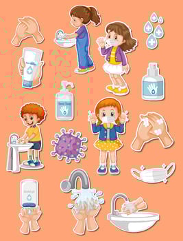 Sticker set of covid19 and cartoon character vector