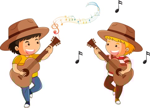 Two boys playing guitars in cartoon style vector