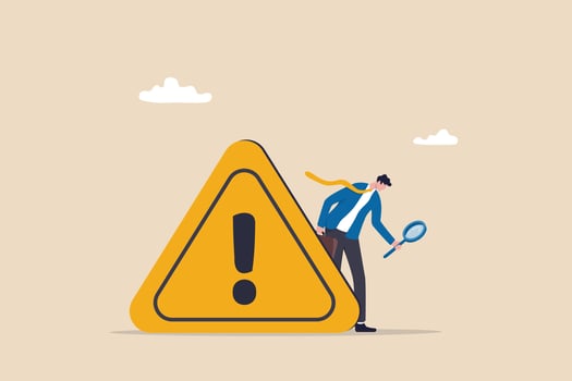 Incident management, root cause analysis or solving problem, identify risk or critical failure concept, businessman with magnifier monitor and investigate incident with exclamation attention sign. vector