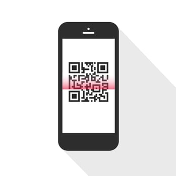 Flash Design with long shadow the smart phone with  QR code  on screen. The concept is QR code Scan on Smart Phone ,vector design Element illustration vector