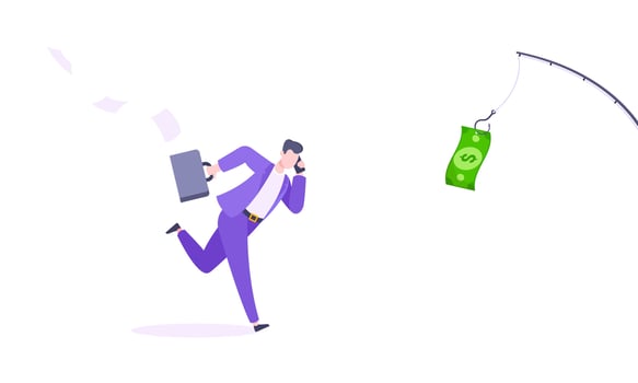 Money chase business concept with businessman running after dangling dollar and trying to catch it. vector