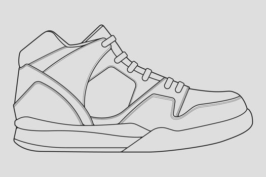 Shoes sneaker outline drawing vector, Sneakers drawn in a sketch style, black line sneaker trainers template outline, vector Illustration.